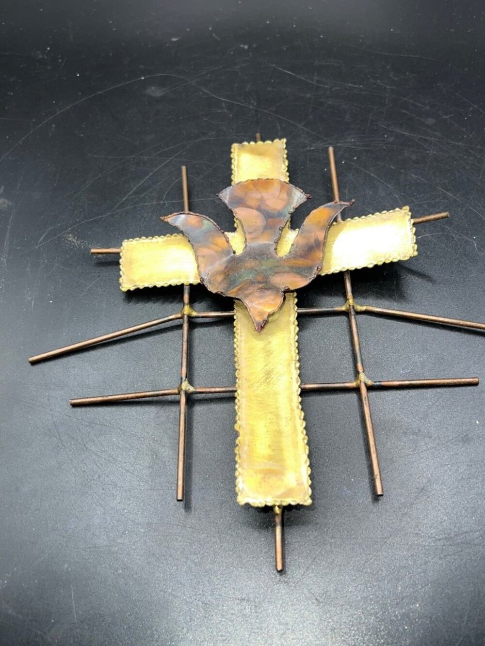 Vintage Brass & Copper Wall Cross Dove Accent Handmade Religious Decor Peace